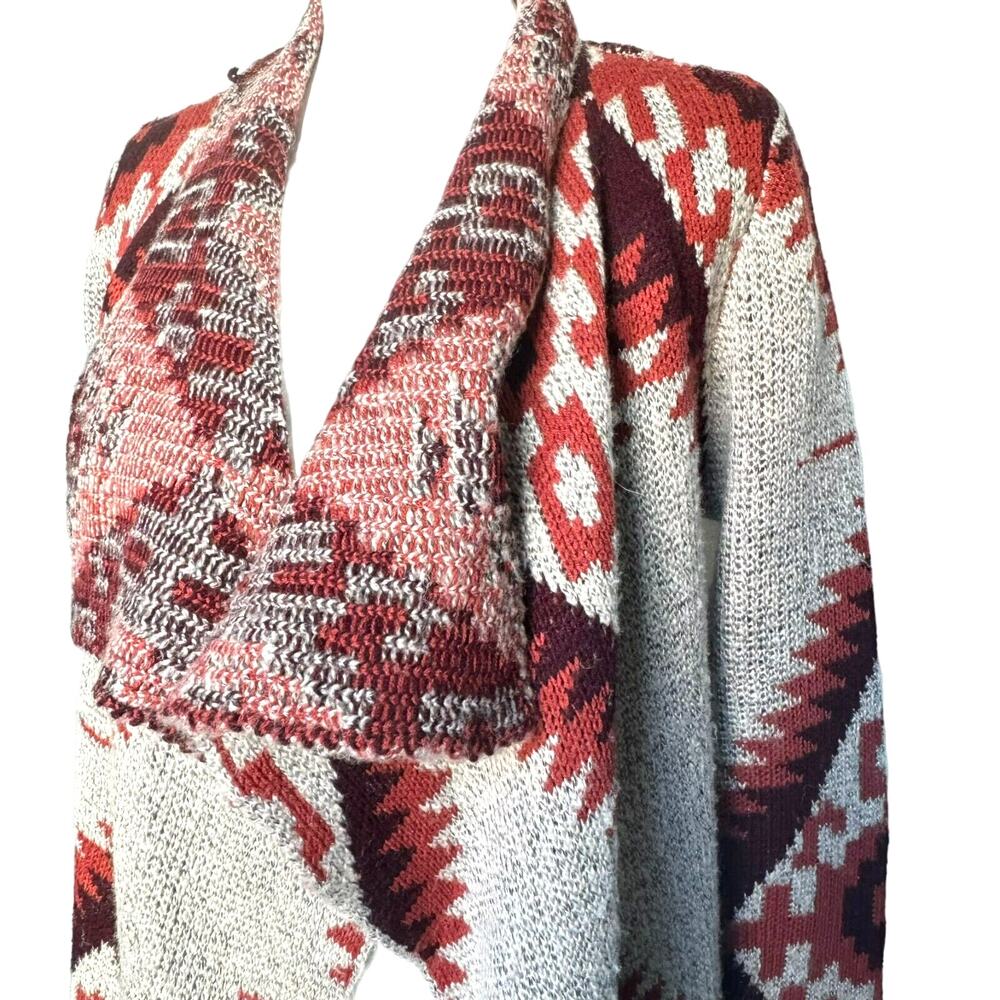 QUINN Women's Medium Open Front Cardigan Sweater Beige Orange Southwestern Aztec - Picture 3 of 9